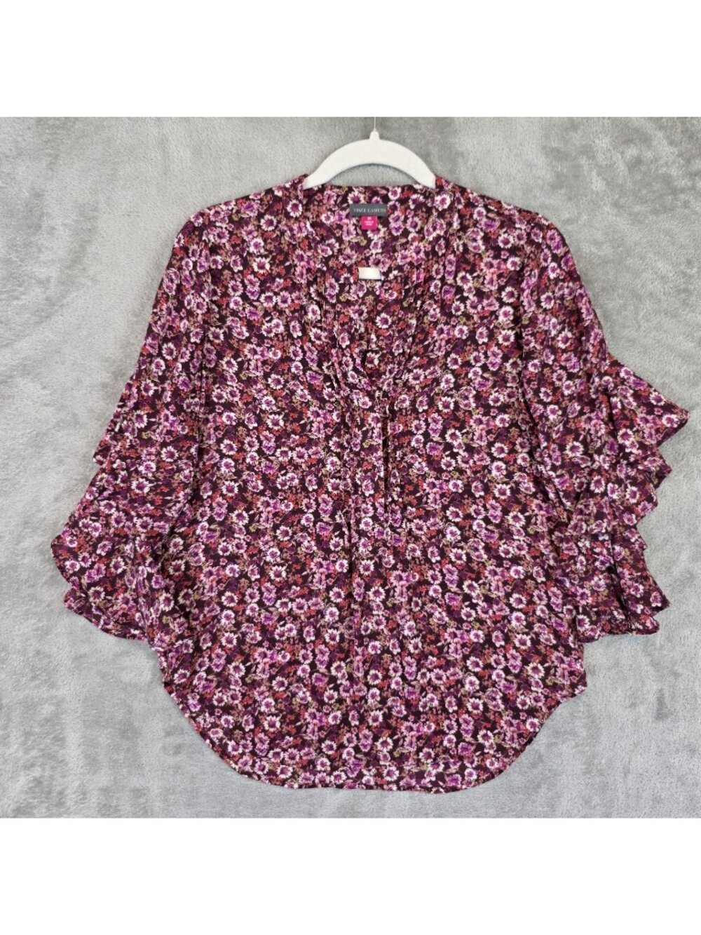 Vince Camuto Blouse Womens XS Pink Floral V Neck 3/4 Flutter Sleeve Tunic Ruffle